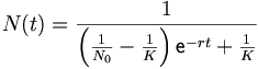 N(t) = \frac {1}{\left( {\frac {1}{N_0} - \frac {1}{K}} \right) \mathsf{e}^{-r t} + \frac {1}{K}}