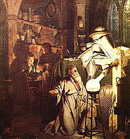Der Alchemist auf der Suche nach dem Stein der Weisen (1771) von Joseph Wright of Derby, illustriert die Entdeckung des Phosphors durch Hennig Brand