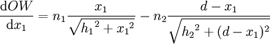 \frac{\mathrm{d}OW}{\mathrm{d}{x_1}} = n_1 \frac{{x_1}}{\sqrt{{h_1}^2 + {x_1}^2}} - n_2\frac{d-{x_1}}{\sqrt{{h_2}^2 + (d-{x_1})^2}} 