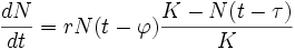 \frac {dN}{dt} = rN(t-\varphi)\frac {K-N(t-\tau)}{K}