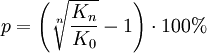 p = \left( \sqrt[n]{\frac{K_n}{K_0}} - 1 \right) \cdot 100%