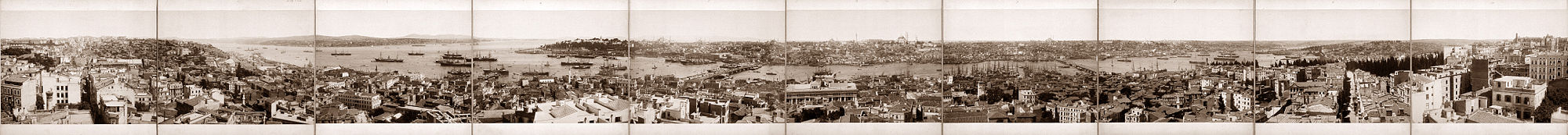 Panorama-Ansicht Istanbuls vom Galata-Turm aus, um 1890. Links im Nordosten der Bosporus Richtung Schwarzes Meer, in der Mitte das goldene Horn und die Altstadt, rechts der Westen, im Vordergrund das Hafenviertel.