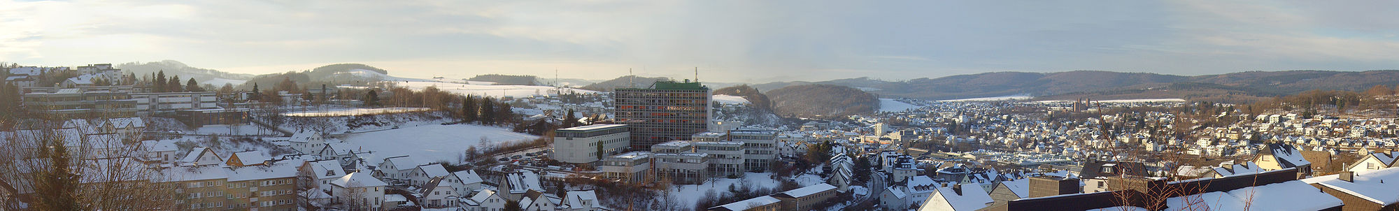 Panoramablick auf Meschede im Winter 2009. Erkennbar (von links nach rechts): Das August-Macke-Schulzentrum, die Telekom, die Honsel-Werke, die Benediktiner-Abtei Königsmünster.