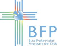 Kreuz mit stilisierter Taube und dem Schriftzug BFP – Bund Freikirchlicher Pfingstgemeinden KdöR