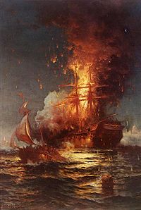 Die brennende Fregatte USS Philadelphia (1799) im Hafen von Tripolis, 16. Februar 1804, von Edward Moran, gemalt 1897