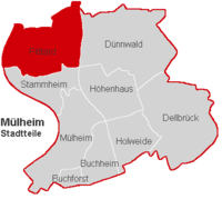 Lage des Stadtteils Flittard im Stadtbezirk Köln-Mülheim