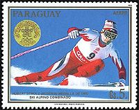 Hubert Strolz im Riesenslalom von Calgary auf einer paraguayischen Briefmarke.