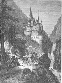 Lange hielt man die Burg Hirschberg ausschließlich für ein SagenobjektHolzstich zur Hirschguldensage von Wilhelm Hauff
