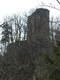 Der Bergfried von Unter-Nideck vom Wasserfall aus gesehen