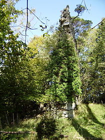 Bergfriedrest der Ruine Ruggburg bei Eichenberg Vbglinks (westlich) die Abbruchkante des Bergrutsches