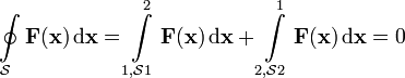 \oint\limits_{\mathcal S} \mathbf{F}(\mathbf{x})\, \mathrm d\mathbf{x} = \int\limits_{1,\mathcal{S}1}^2 \mathbf{F}(\mathbf{x})\, \mathrm d\mathbf{x} + \int\limits_{2,\mathcal{S}2}^1 \mathbf{F}(\mathbf{x})\, \mathrm d\mathbf{x} = 0