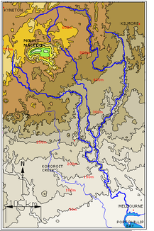 Reliefkarte des Maribyrnong River und seiner Quellbäche