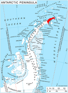 Landkarte der Antarktischen Halbinsel, mit der Trinity Peninsula rot markiert