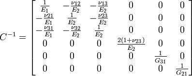 C^{-1}=\begin{bmatrix} 
 \frac{1}{E_1}        &amp;amp;amp; -\frac{\nu_{12}}{E_2} &amp;amp;amp; -\frac{\nu_{13}}{E_2} &amp;amp;amp; 0 &amp;amp;amp; 0 &amp;amp;amp; 0 \\ 
-\frac{\nu_{21}}{E_1} &amp;amp;amp;  \frac{1}{E_2}        &amp;amp;amp; -\frac{\nu_{23}}{E_2} &amp;amp;amp; 0 &amp;amp;amp; 0 &amp;amp;amp; 0 \\
-\frac{\nu_{31}}{E_1} &amp;amp;amp; -\frac{\nu_{32}}{E_2} &amp;amp;amp;  \frac{1}{E_2}        &amp;amp;amp; 0 &amp;amp;amp; 0 &amp;amp;amp; 0 \\
 0 &amp;amp;amp; 0 &amp;amp;amp; 0 &amp;amp;amp; \frac{2(1+\nu_{23})}{E_2} &amp;amp;amp; 0 &amp;amp;amp; 0 \\
 0 &amp;amp;amp; 0 &amp;amp;amp; 0 &amp;amp;amp; 0 &amp;amp;amp; \frac{1}{G_{31}} &amp;amp;amp; 0 \\
 0 &amp;amp;amp; 0 &amp;amp;amp; 0 &amp;amp;amp; 0 &amp;amp;amp; 0 &amp;amp;amp; \frac{1}{G_{21}} \\ \end{bmatrix}  