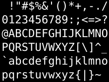 95 ASCII-Zeichen, weiße Schrift auf schwarzem Grund