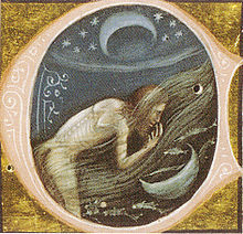 farbige Illustration eines gebeugt stehenden, nackten Mannes, die Mondsichel spiegelt sich im Wasser