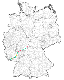 rot: Verbliebene Teilstücke, grün: B 40 durch diese Autobahnen ersetzt, gelb: ehemalige Teilstücke der B 40