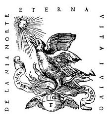 A phoenix sits in a nest of flames atop a globe bearing the initials I.G.F., bordered on three sides by the Latin motto, "De la mia morte eterna vita i vivo."