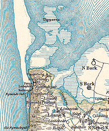 Die Karte zeigt die ehemalige Verbindung zwischen dem Ringkøbing Fjord und der Nordsee bei Nymindegab gegen Ende des 19. Jahrhunderts