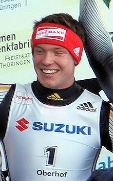 Felix Loch nach seinem Sieg bei der Rennrodel-Weltmeisterschaft 2008 in Oberhof