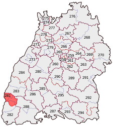Lage des Bundestagswahlkreises Freiburg in Baden-Württemberg