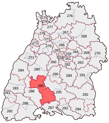 Lage des Bundestagswahlkreises Rottweil – Tuttlingen in Baden-Württemberg