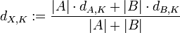 
d_{X,K} := \frac{|A| \cdot d_{A,K} + |B| \cdot d_{B, K}}{|A| + |B|} 
