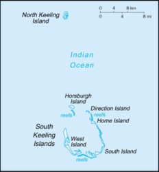 Karte der Kokosinseln mit Lage von Horsburgh Island, etwa mittig.