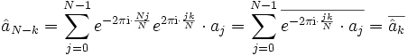 
\hat a_{N-k}
=\sum_{j=0}^{N-1}e^{-2\pi \mathrm{i}\cdot\frac{Nj}{N}}e^{2\pi \mathrm{i}\cdot\frac{jk}{N}}\cdot a_j
=\sum_{j=0}^{N-1}\overline{e^{-2\pi \mathrm{i}\cdot\frac{jk}{N}}\cdot a_j}
=\overline{\hat a_k} \,
