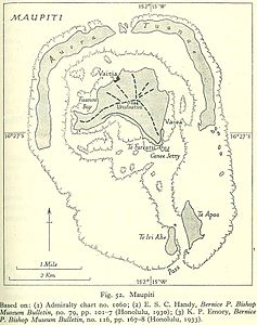 Karte des Atolls. Dargestellte und aktuelle Namen der Motus:Te Iri Ahe = PitiaheTe Apaa = TiapaaAuera = AuiraTuanae = Tuanai(nördl. Motu) = Paeʻao