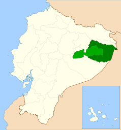 Nationalpark Yasuní (dunkelgrün) und der Huaorani Gebiet (grün).