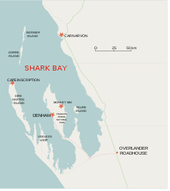 Karte der Shark Bay. Die beiden Inseln befinden sich nördlich der Dirk Hartog Island. Dorre Island ist die südlichere, Bernier die nördlichere Insel.