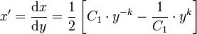  x' = \frac{\mathrm{d}x} {\mathrm{d}y} = \frac{1}{2} \left[ C_1 \cdot y^{-k} - \frac{1}{C_1} \cdot y^{k} \right] 