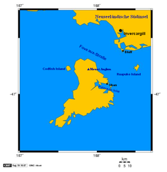 Karte der Stewart-Insel, auf der links Codfish Island zu erkennen ist
