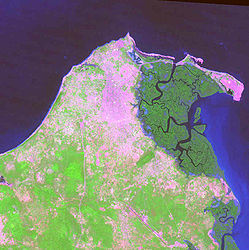 St. Mary’s Island (rechte violette Fläche) vom All aus