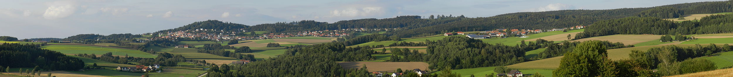 Panoramaansicht Tännesberg mit Schlossberg, Zieglhäuser (unten links), daneben Schnegelmühle (unterer Bildrand), einige wenige Häuser von Lampenricht (unten rechts) und Pilchau (Mitte rechts, oben) (2011)