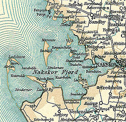 Nakskovfjord mit Slotø auf einer Karte von ca. 1900