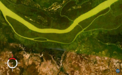 NASA World Wind-SatellitenbildDer Gambia fließt hier im Bildausschnitt in westlicher Richtung. Ba Faraba Island liegt ganz im Osten.