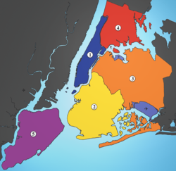 Die 5 boroughs von New York: ██ (1) Manhattan ██ (2) Brooklyn ██ (3) Queens ██ (4) The Bronx ██ (5) Staten Island