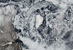 Satellitenbild der Ungava Bay mit Akpatok Island
