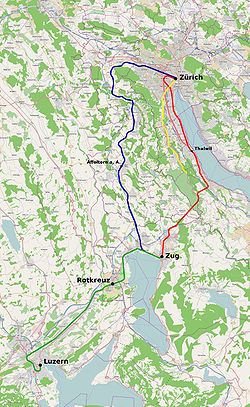 Bahnstrecken Zürich-Luzern: Gelb ist die Sihltalbahn mit Verlauf bis Sihlwald
