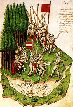 Die Schlacht am Morgarten nach einer Illustration in der Tschachtlanchronik, 1483