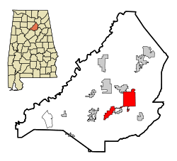 Lage der Stadt im County und in Alabama