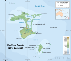 Karte der Chatham-Inseln, „The Pyramid“ ganz im Süden
