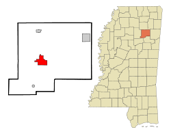 Chickasaw County Mississippi Incorporated and Unincorporated areas Houston Highlighted.svg