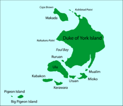 Karte der Duke-of-York-Inseln; Credner-Inseln im Südwesten (unten links)