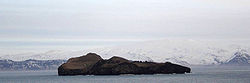 Elliðaey, im Hintergrund der Eyjafjallajökull auf der Hauptinsel