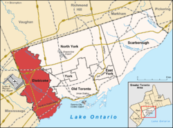 Lage von Etobicoke (rot) in Toronto