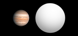 Größenvergleich zwischen Jupiter und TrES-4 (Computergrafik)