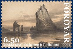 Der Tindhólmur (rechts) auf einer Lithographie von 1854, Briefmarke der Färöer von 2004